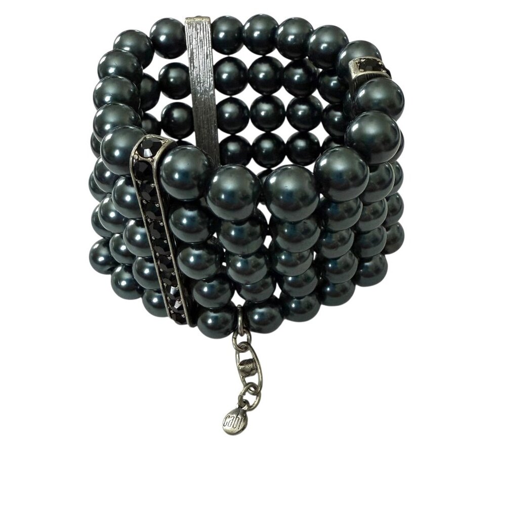 Cabi Heritage Black Pearl Bracelet Silver Tone Rhinestone Blue Gray 5 Strand - Picture 5 of 11